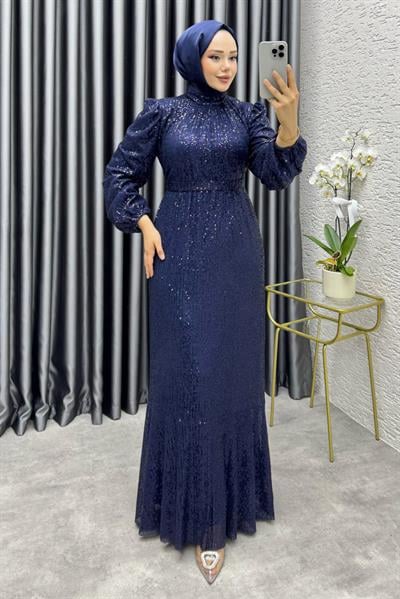 Gülçe Eteği Volanlı Payet Elbise 6651 Lacivert