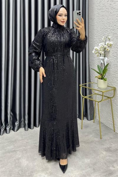 Gülçe Eteği Volanlı Payet Elbise 6651 Siyah