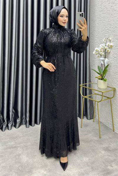 Gülçe Eteği Volanlı Payet Elbise 6651 Siyah