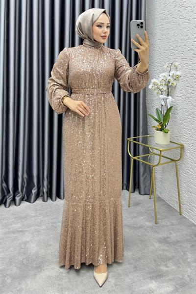 Gülçe Eteği Volanlı Payet Elbise 6651 Vizon