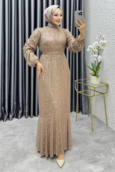 Gülçe Eteği Volanlı Payet Elbise 6651 Vizon