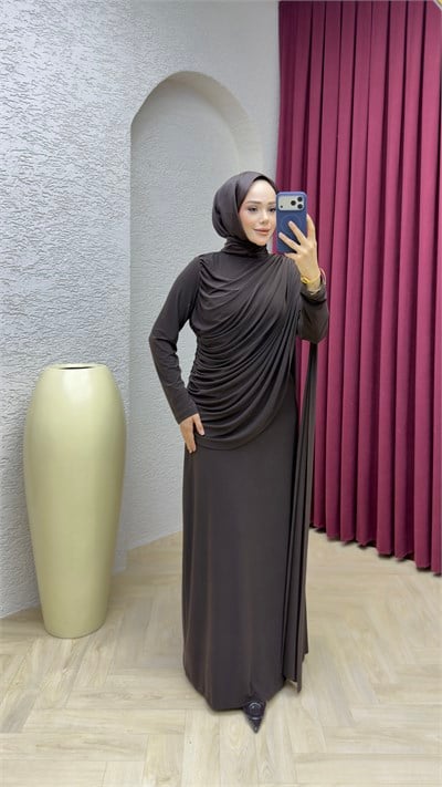 Hale Drape Detaylı Elbise 6447 Kahverengi