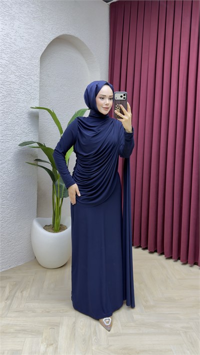 Hale Drape Detaylı Elbise 6447 Lacivert