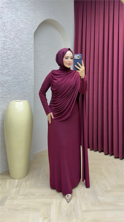 Hale Drape Detaylı Elbise 6447 Mürdüm
