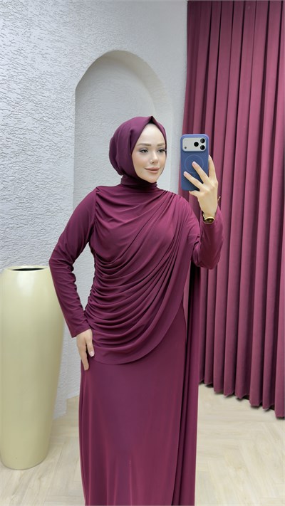 Hale Drape Detaylı Elbise 6447 Mürdüm