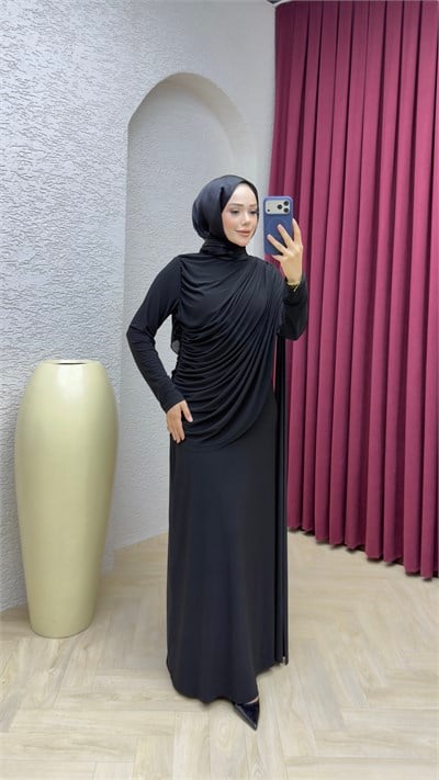 Hale Drape Detaylı Elbise 6447 Siyah