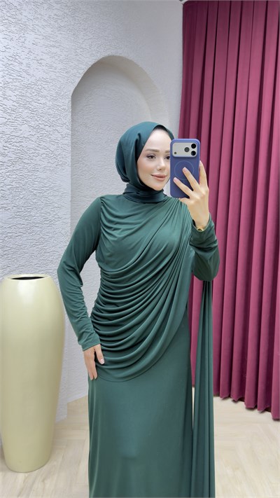 Hale Drape Detaylı Elbise 6447 Zümrüt