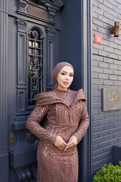 Helen Yaka Detaylı Abiye 8087 Kahverengi
