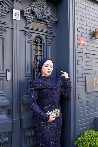 Helen Yaka Detaylı Abiye 8087 Lacivert