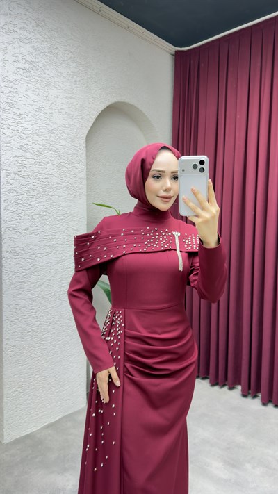 Hürrem Degaje Detay Abiye 8090 Bordo