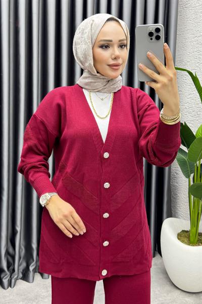 İdil Düğme Detaylı Triko Takım 1314 Bordo