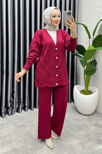 İdil Düğme Detaylı Triko Takım 1314 Bordo