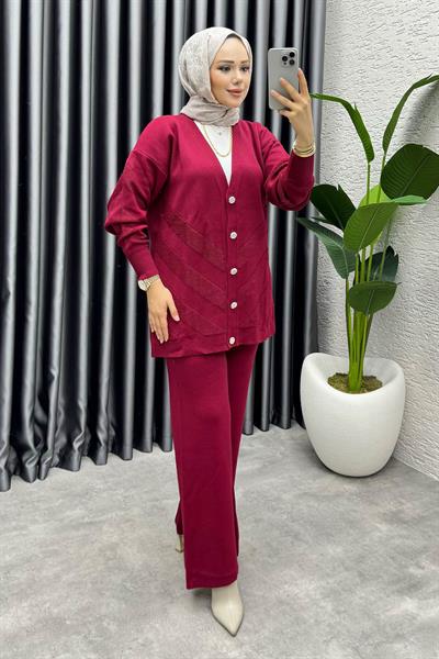 İdil Düğme Detaylı Triko Takım 1314 Bordo