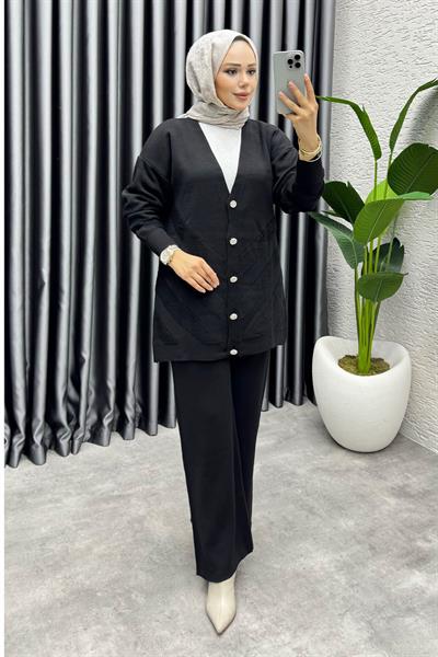 İdil Düğme Detaylı Triko Takım 1314 Siyah