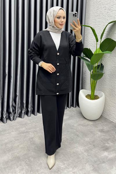 İdil Düğme Detaylı Triko Takım 1314 Siyah