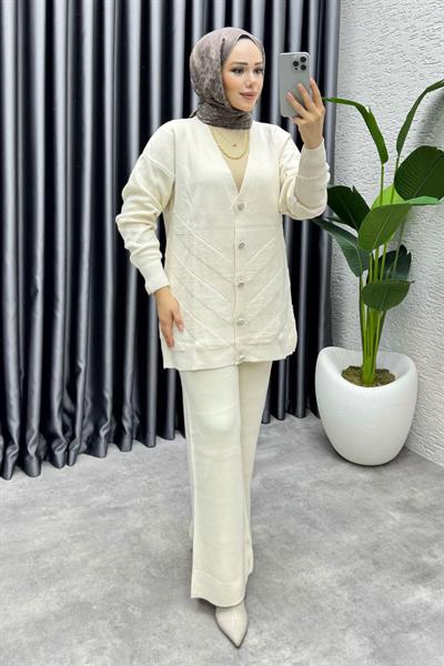 İdil Düğme Detaylı Triko Takım 1314 Taş