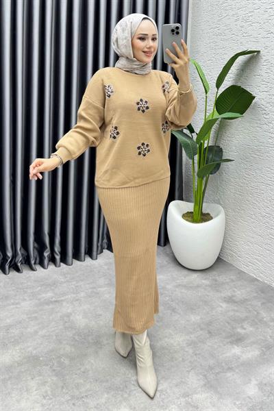 Irmak Çiçek Detaylı Triko Takım 1006 Latte