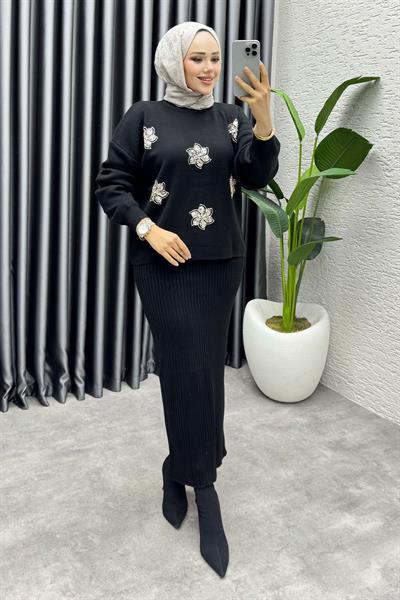 Irmak Çiçek Detaylı Triko Takım 1006 Siyah