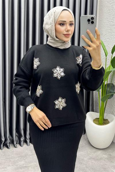 Irmak Çiçek Detaylı Triko Takım 1006 Siyah