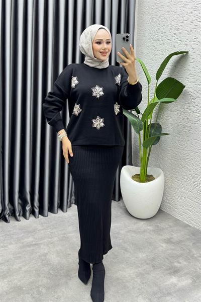 Irmak Çiçek Detaylı Triko Takım 1006 Siyah
