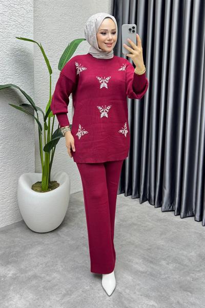 Kelebek Detay Triko Takım 1110 Bordo