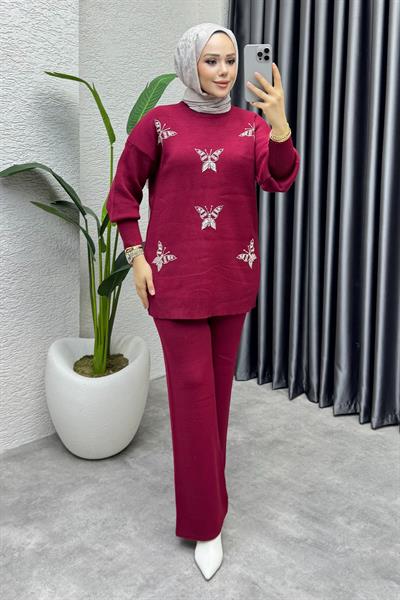 Kelebek Detay Triko Takım 1110 Bordo