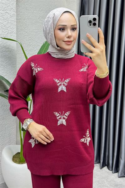 Kelebek Detay Triko Takım 1110 Bordo