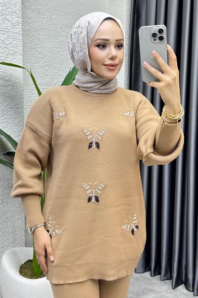 Kelebek Detay Triko Takım 1110 Latte