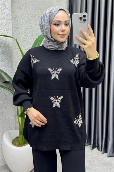 Kelebek Detay Triko Takım 1110 Siyah