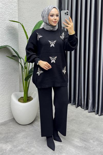 Kelebek Detay Triko Takım 1110 Siyah