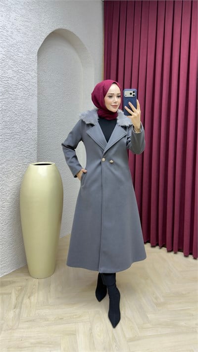 Kruvaze Yaka Kürklü İthal Kaşe Kaban 1010 Gri