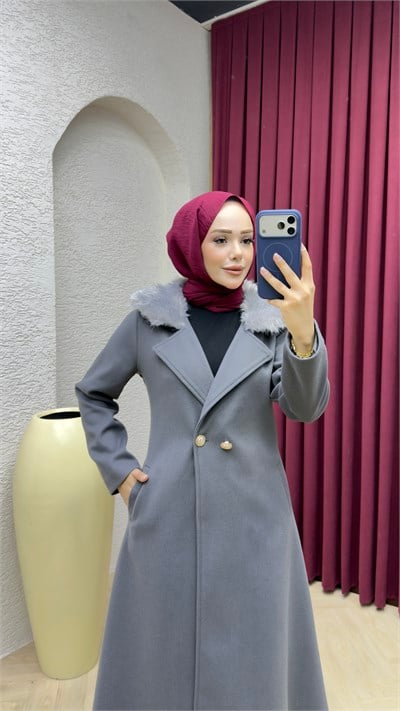 Kruvaze Yaka Kürklü İthal Kaşe Kaban 1010 Gri