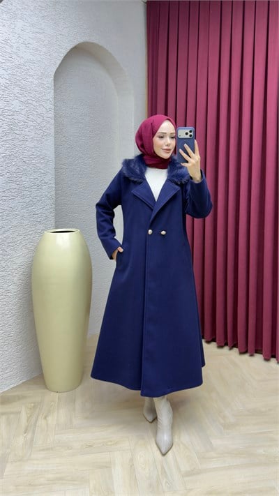 Kruvaze Yaka Kürklü İthal Kaşe Kaban 1010 Lacivert