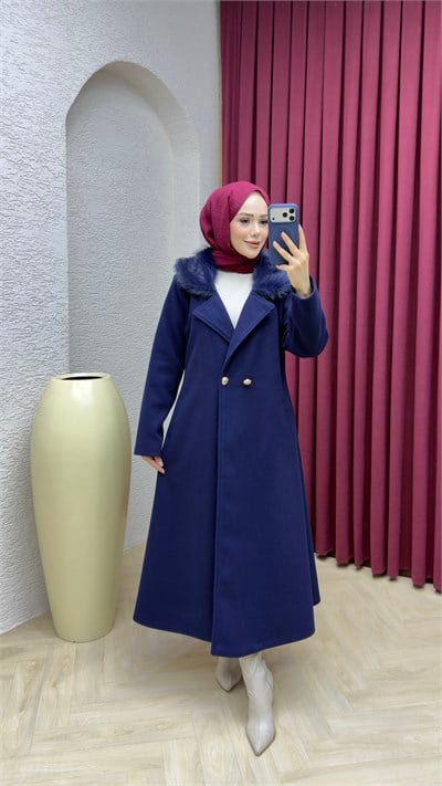 Kruvaze Yaka Kürklü İthal Kaşe Kaban 1010 Lacivert