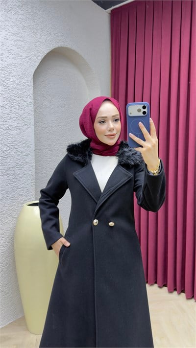 Kruvaze Yaka Kürklü İthal Kaşe Kaban 1010 Siyah
