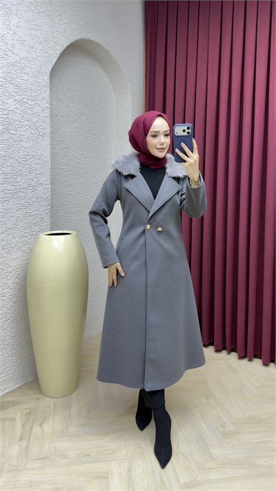 Kruvaze Yaka Kürklü İthal Kaşe Kaban 1010 Gri