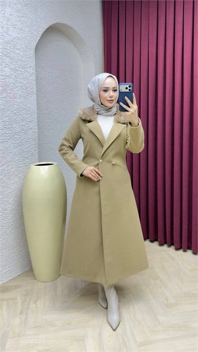 Kruvaze Yaka Kürklü İthal Kaşe Kaban 1010 Vizon