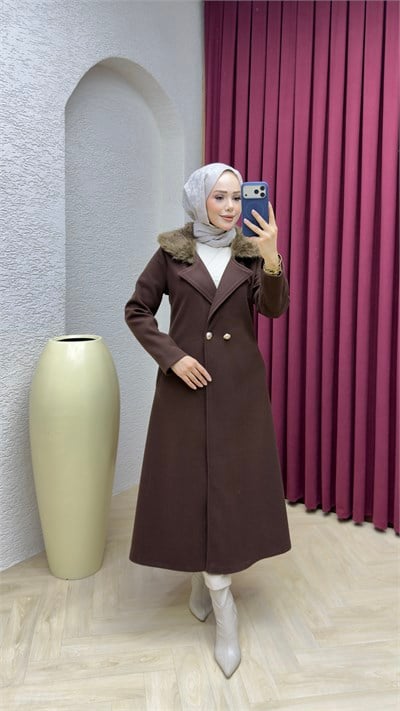 Kruvaze Yaka Kürklü İthal Kaşe Kaban 1010 Kahverengi