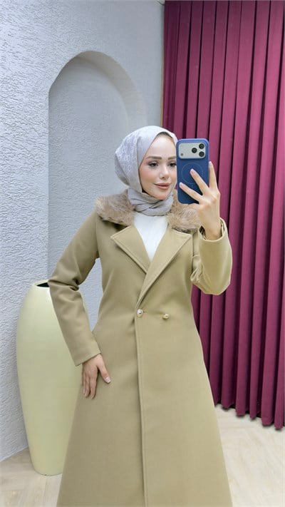Kruvaze Yaka Kürklü İthal Kaşe Kaban 1010 Vizon