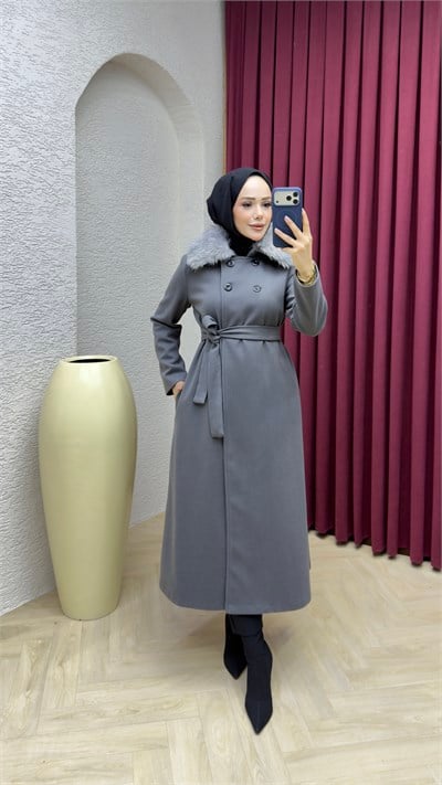 Kürk Yaka Kaşe Kaban 1009 Gri