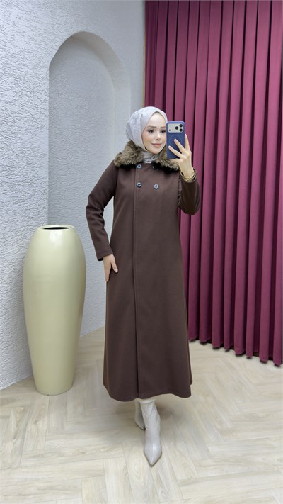 Kürk Yaka Kaşe Kaban 1009 Kahverengi