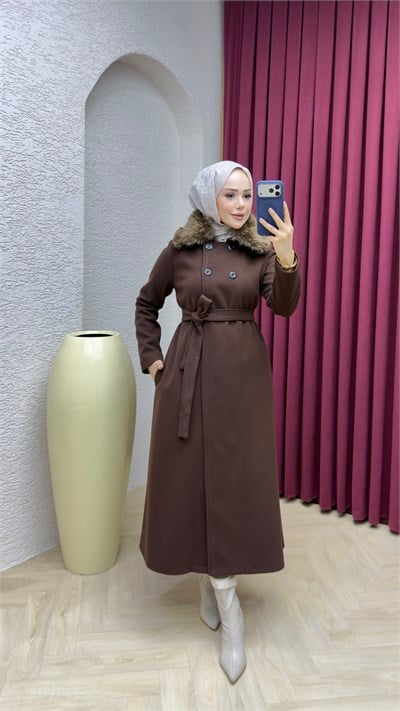Kürk Yaka Kaşe Kaban 1009 Kahverengi