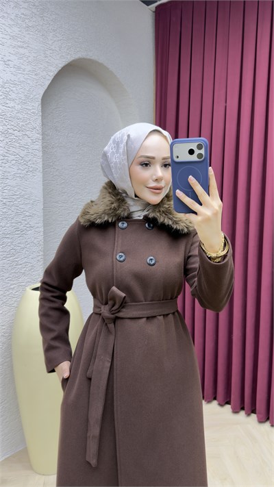 Kürk Yaka Kaşe Kaban 1009 Kahverengi