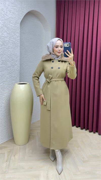 Kürk Yaka Kaşe Kaban 1009 Latte