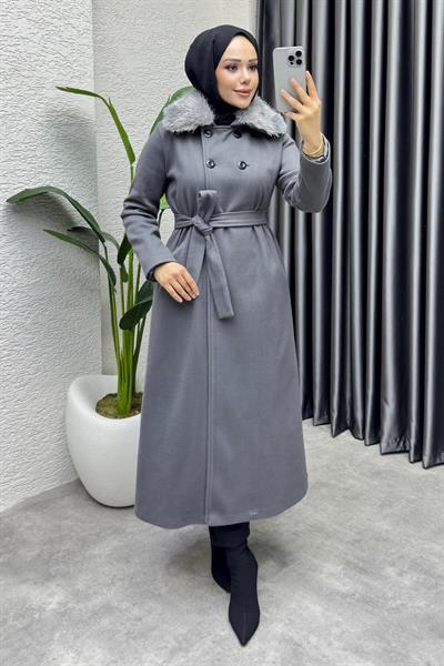 Kürk Yaka Kaşe Kaban 1009 Gri
