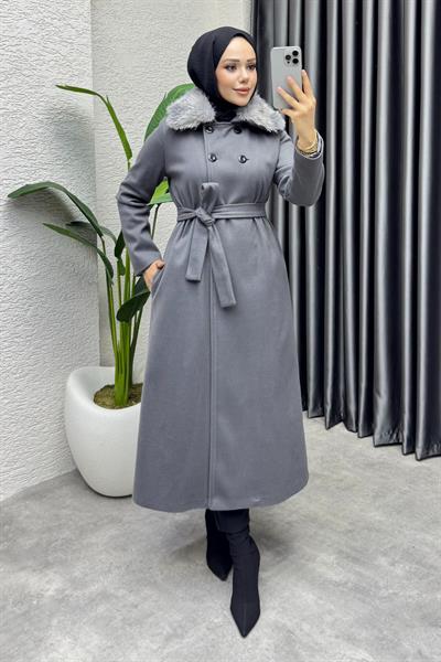 Kürk Yaka Kaşe Kaban 1009 Gri