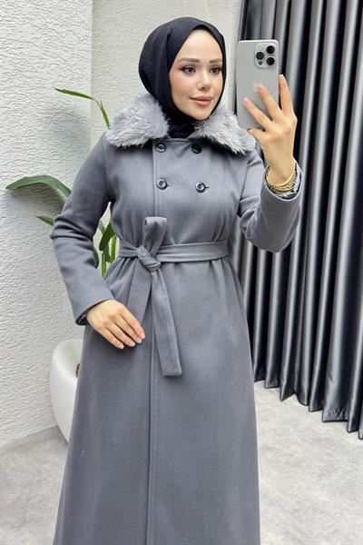 Kürk Yaka Kaşe Kaban 1009 Gri