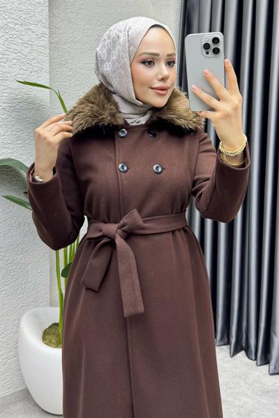 Kürk Yaka Kaşe Kaban 1009 Kahverengi