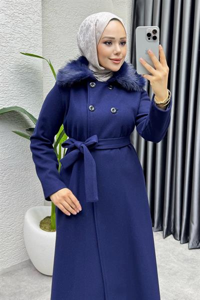 Kürk Yaka Kaşe Kaban 1009 Lacivert