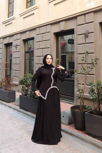 Larin Taş Detay Etekli Abiye 8060 Siyah